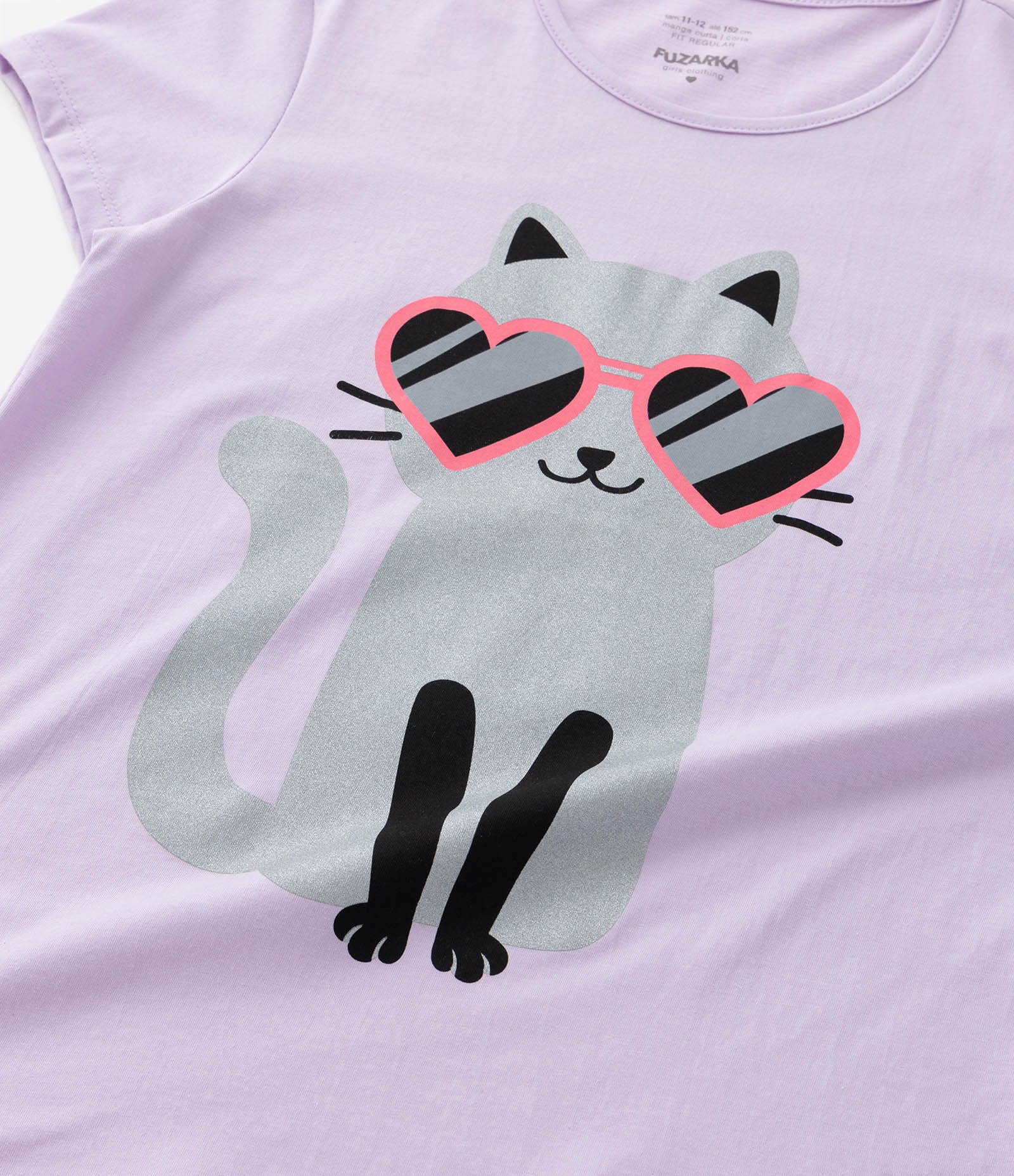 Camiseta Infantil em Algodão com Estampa Gato de Óculos - Tam 5 A 14 Anos Lilás 4