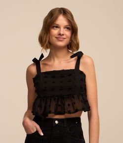 Blusa em Chiffon com Amarração na Alça e Textura Poá