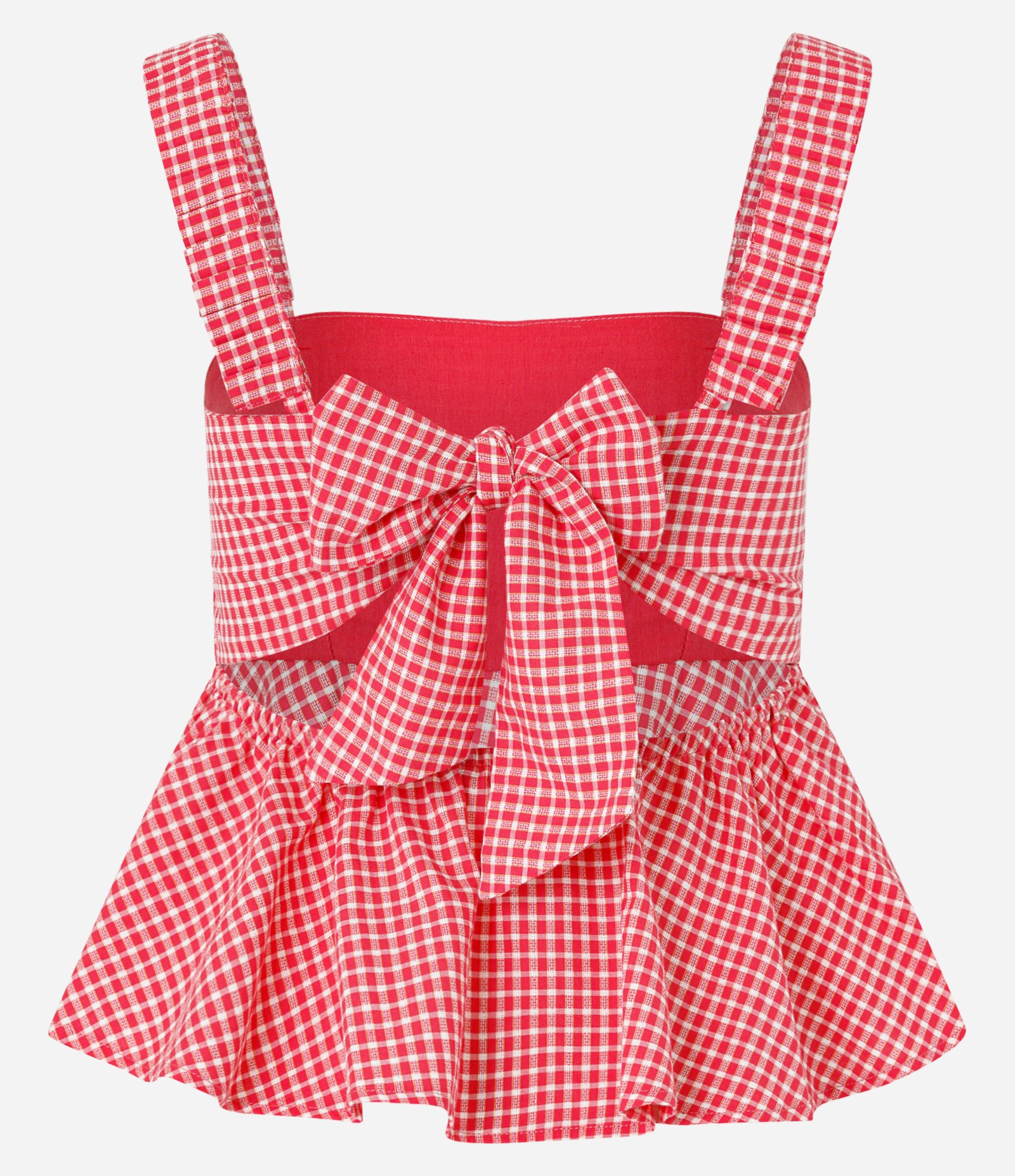Blusa Alfaiataria Estampada Xadrez Vichy e Amarração nas Costas Vermelho 5