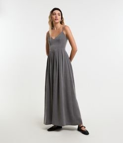 Vestido Longo Alfaiatado com Alcinha e Recorte na Cintura