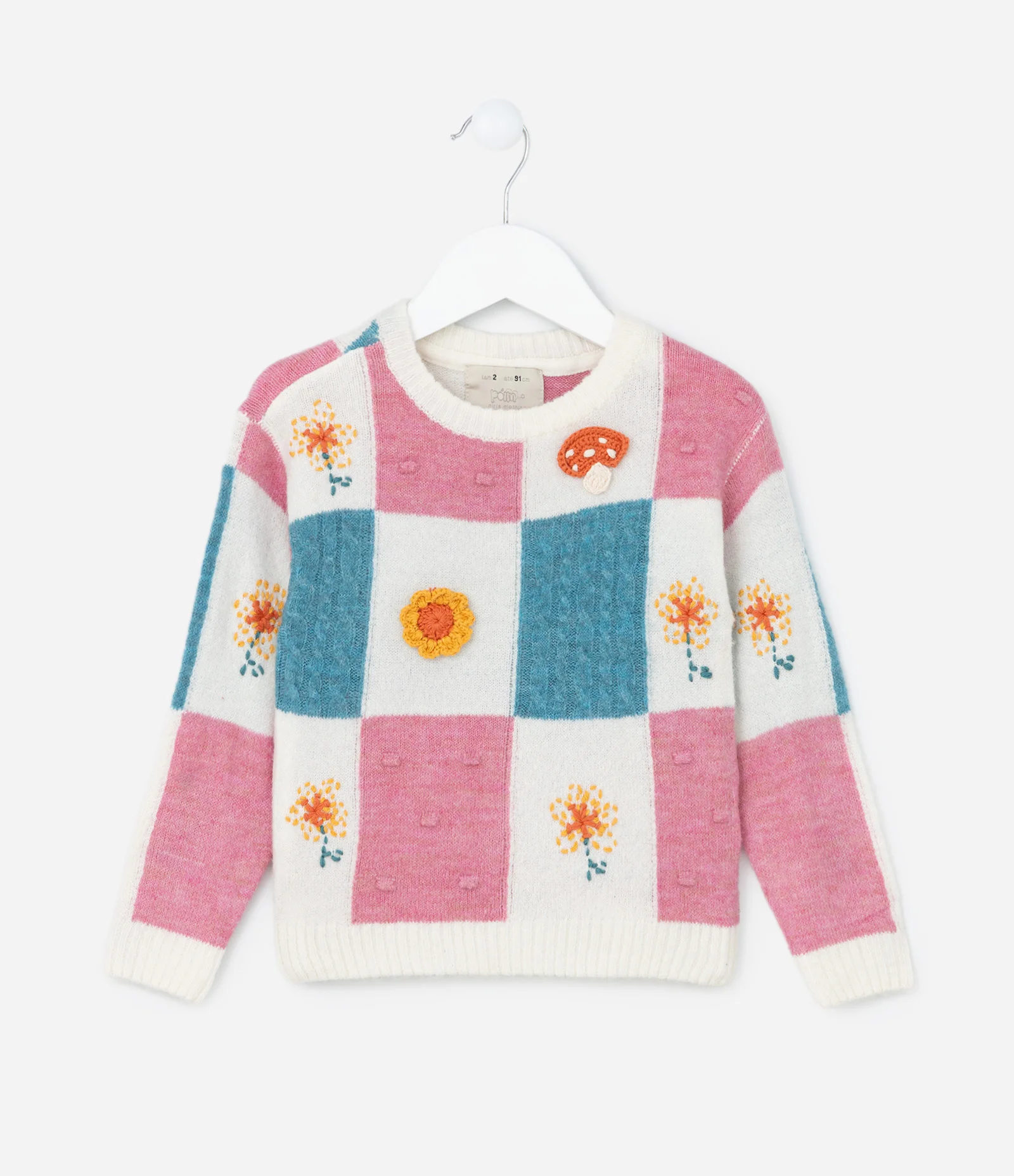 Suéter Infantil com Detalhes e Efeito Crochê - Tam 1 a 5  Anos Rosa/Azul/Branco 1