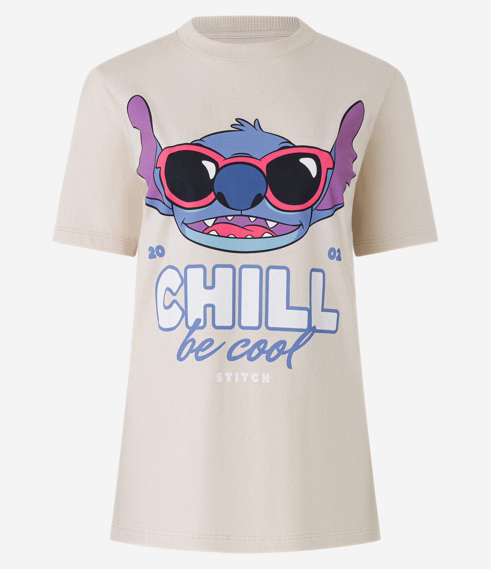 Camiseta Alongada em Algodão com Estampa Stitch Chill be Cool Bege 3