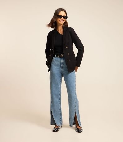 Calça Reta Jeans com Fenda Frontal Calça Reta Jeans com Fenda Frontal