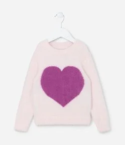 Suéter Infantil em Chenille Peludinho com Estampa Coração - Tam 1 a 5 Anos