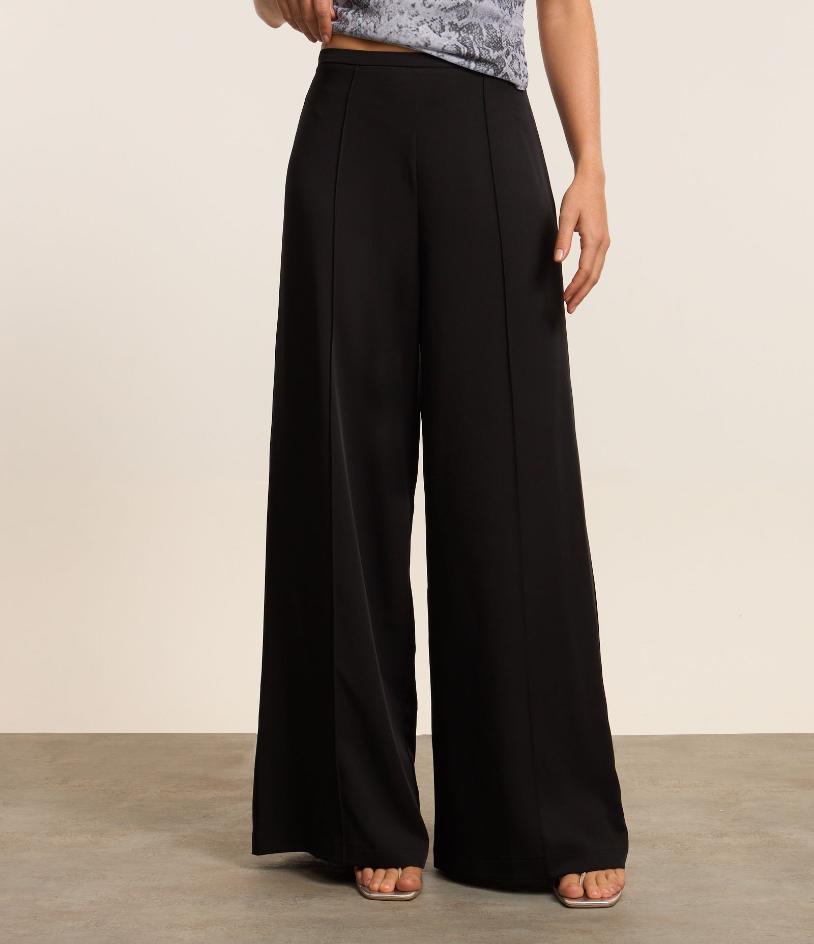 Calça Pantalona em Crepe com Friso Frontal Preto 2