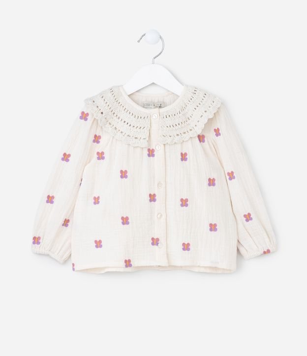 Camisa Infantil com Babado e Bordado Borboletas - Tam 1 a 5 Anos