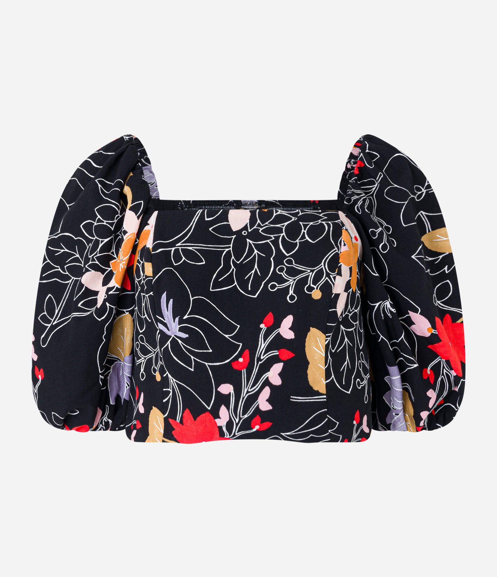 Blusa Cropped Manga Balonê em Tricoline com Flores Estampadas Preto 4