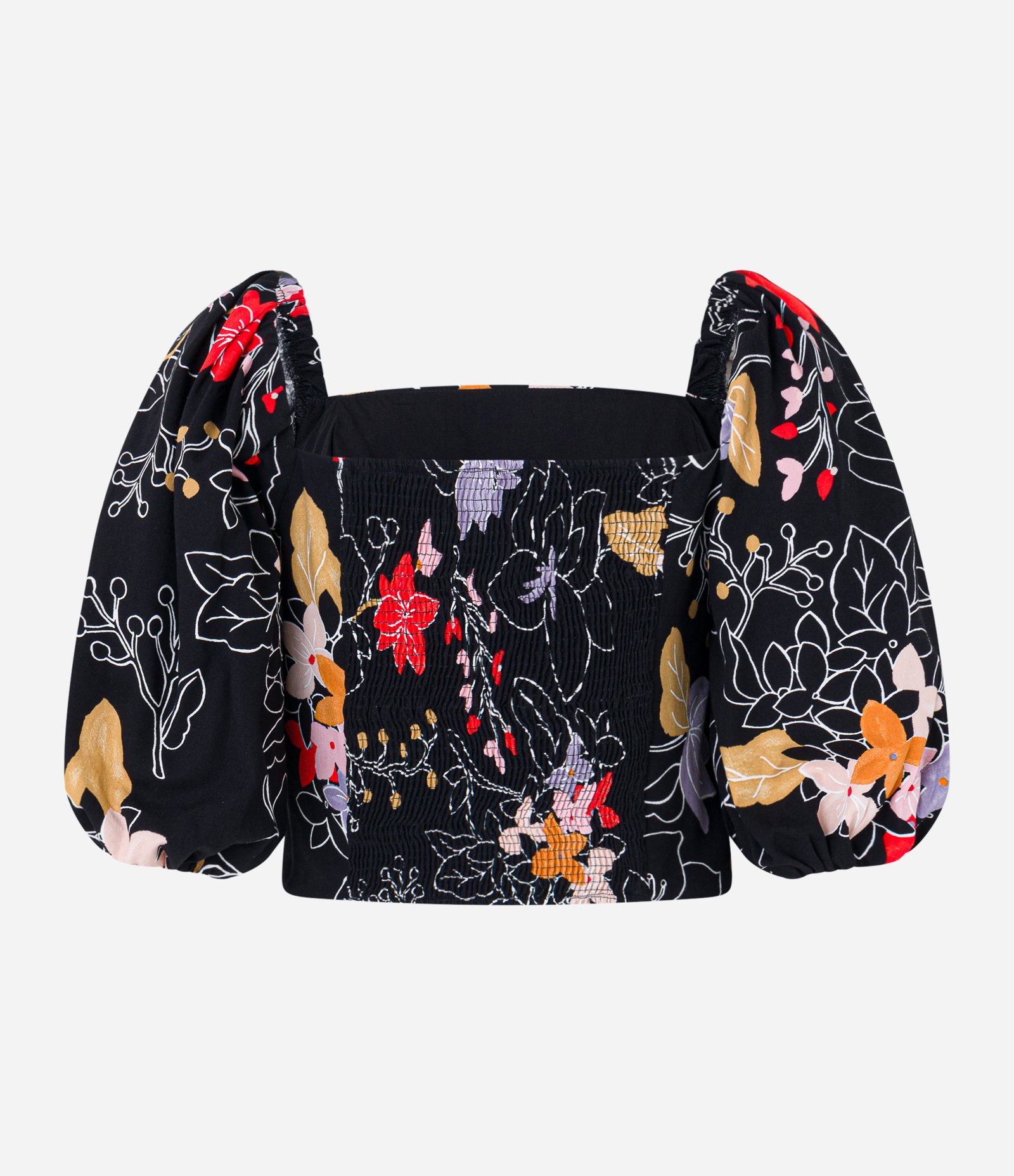 Blusa Cropped Manga Balonê em Tricoline com Flores Estampadas Preto 5