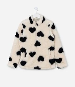 Casaco Infantil em Sherpa com Estampa Corações - Tam 5 a 14 Anos