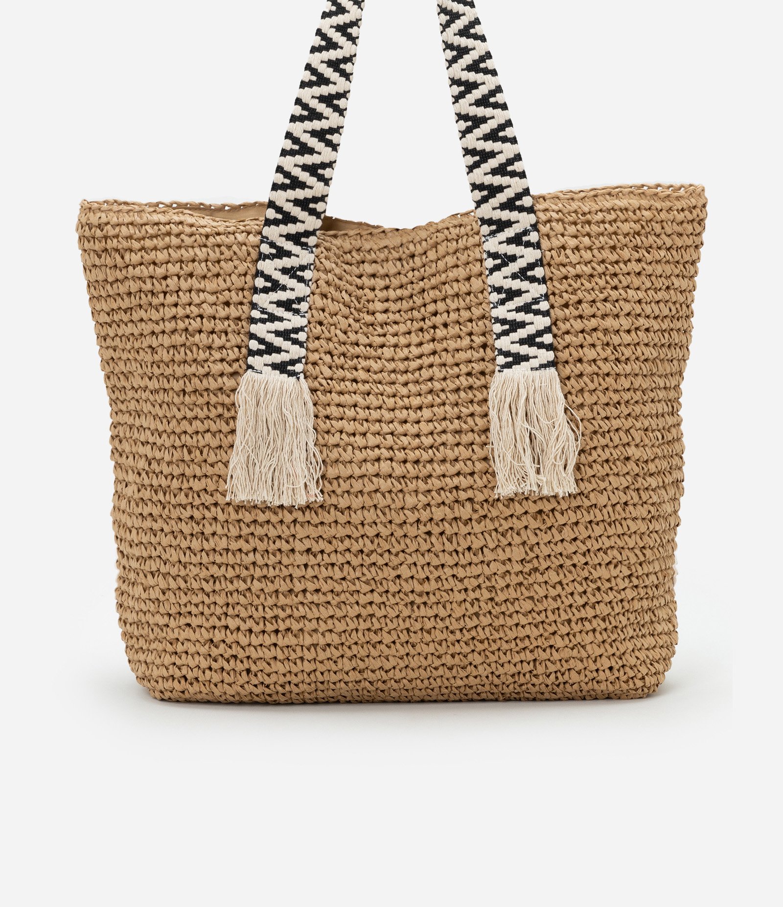 Bolsa de Praia de Alça Entrelaçada Contrastante com Franjas Bege 3