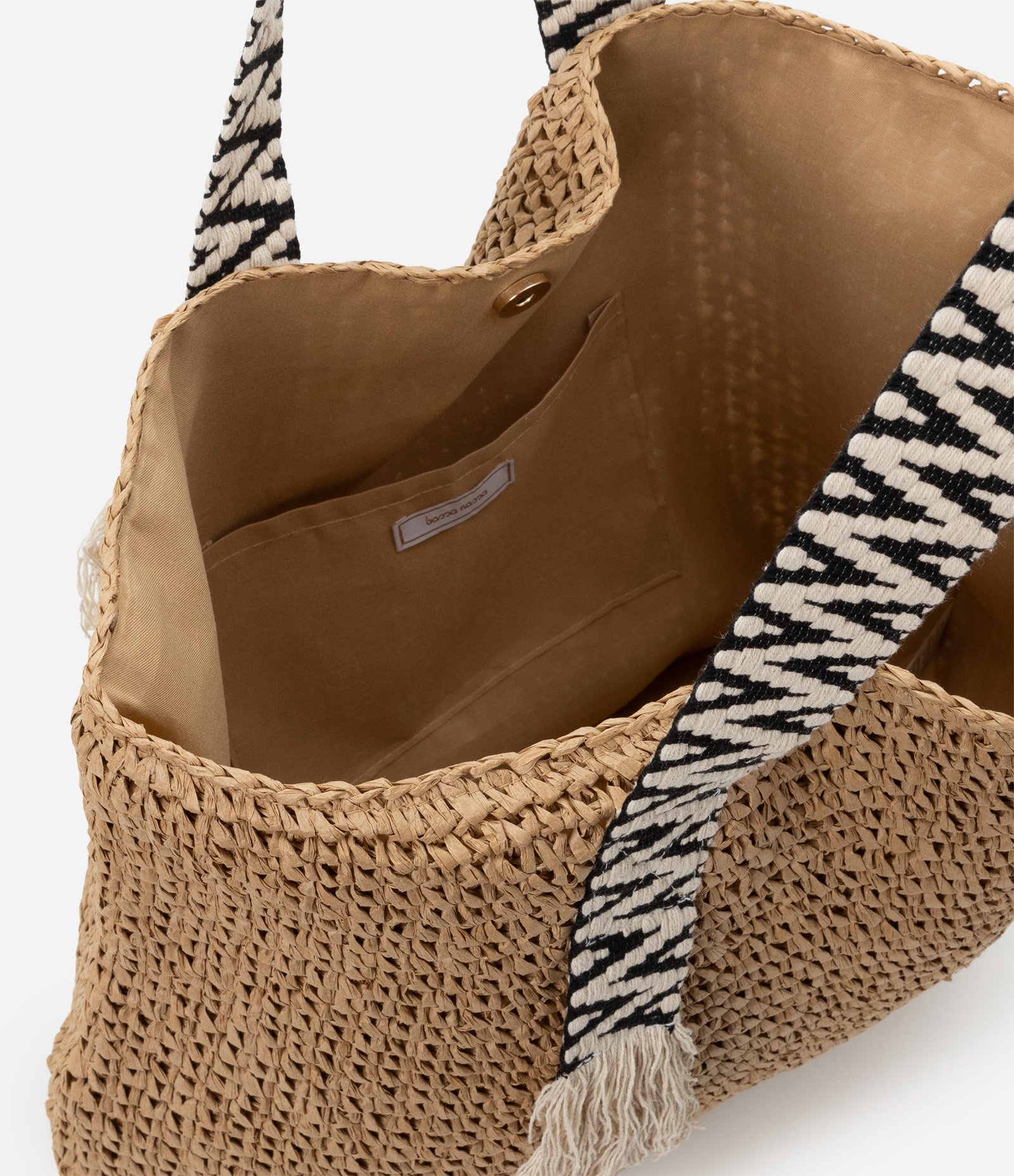 Bolsa de Praia de Alça Entrelaçada Contrastante com Franjas Bege 4