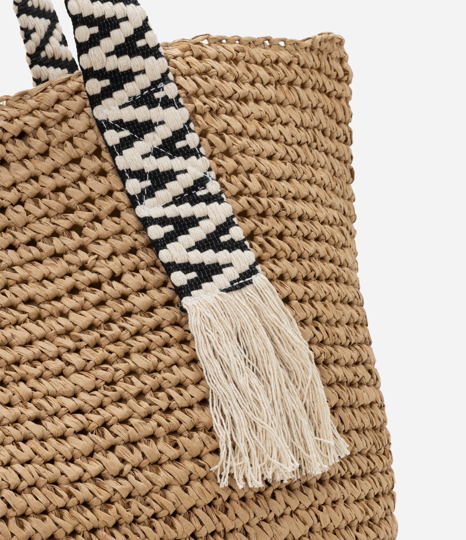 Bolsa de Praia de Alça Entrelaçada Contrastante com Franjas Bege 5