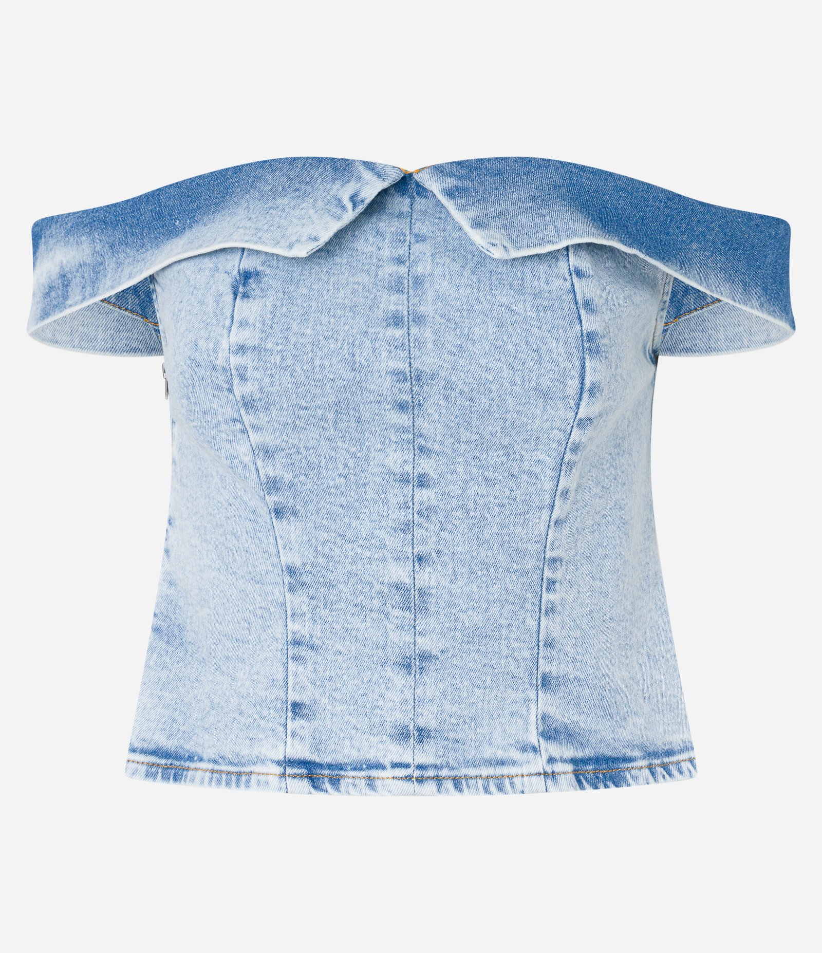 Blusa em Jeans Macio com Decote Ombro a Ombro Virado Azul 4