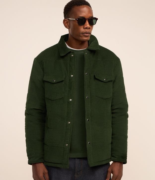 Jaqueta Puffer em Veludo Cotele e Dois Bolsos com Lapela