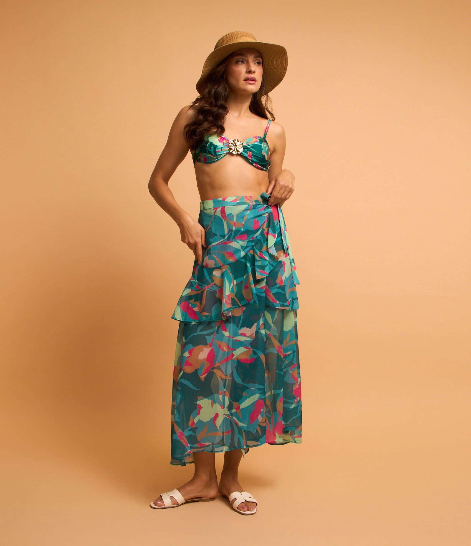 Saída de Praia Saia Chiffon Estampa Folhagem Azul 1