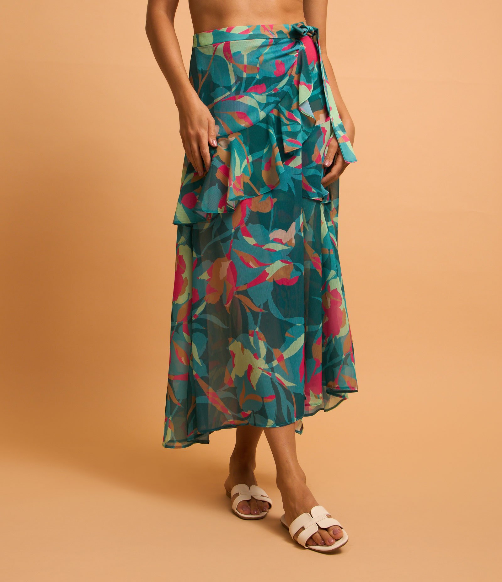 Saída de Praia Saia Chiffon Estampa Folhagem Azul 2