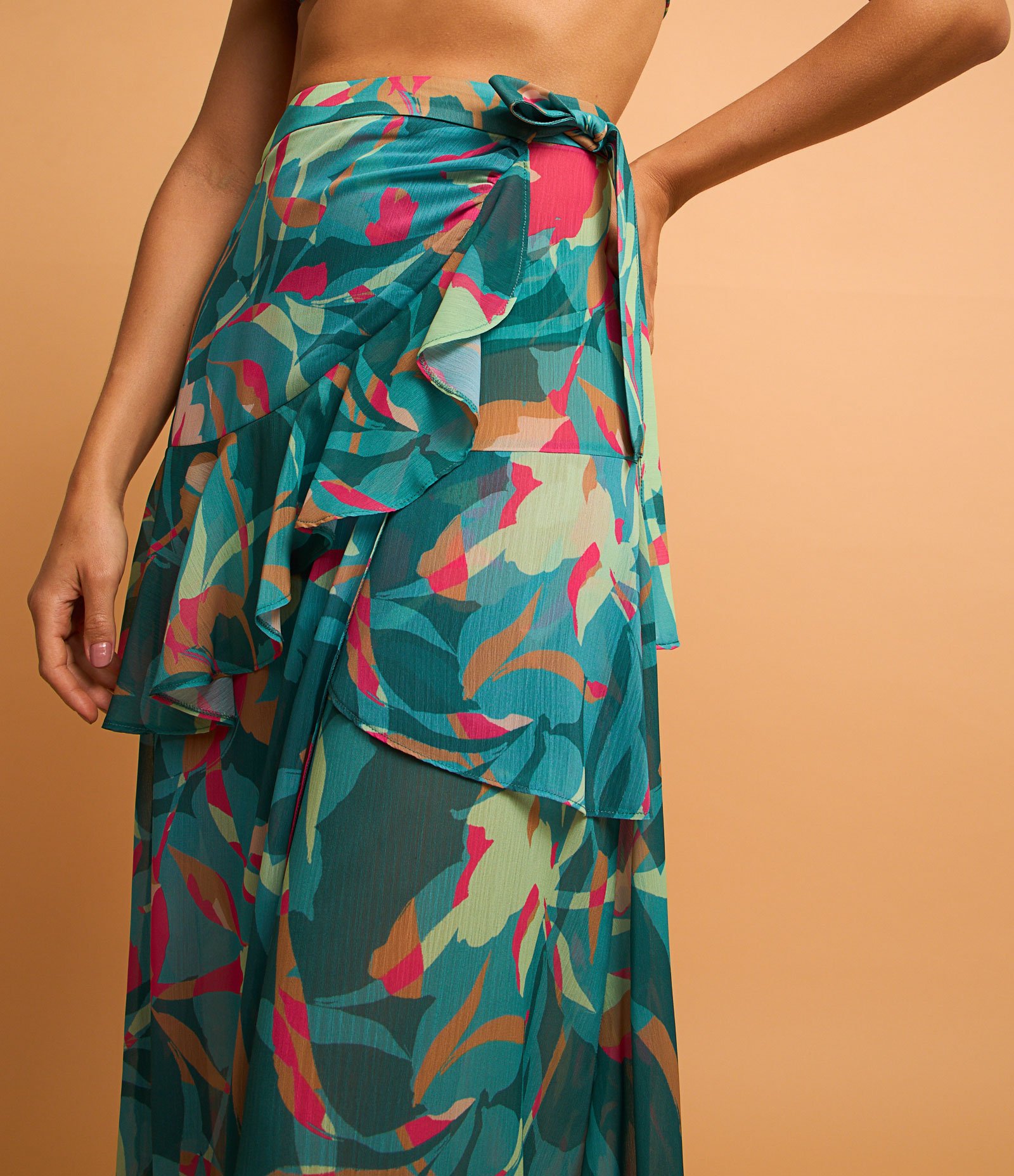 Saída de Praia Saia Chiffon Estampa Folhagem Azul 4