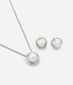 Conjunto de Colar e Brinco Botão com Pérola