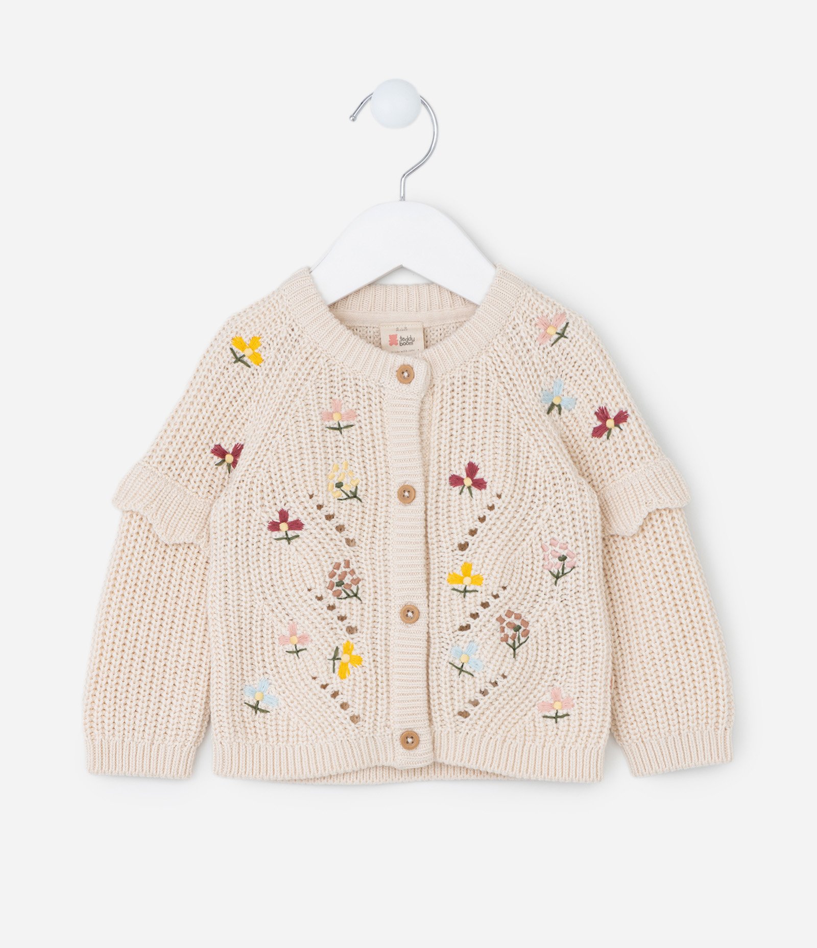 Cardigan Infantil com Babados e Bordado Floral - Tam 0 a 18 meses Bege 1