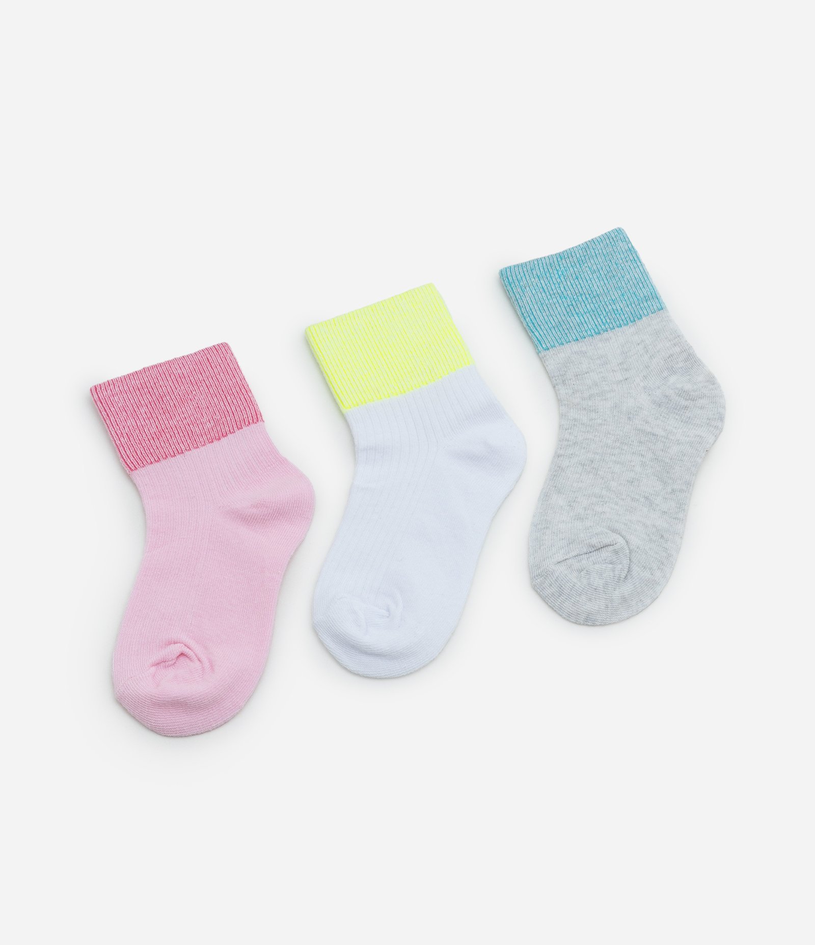 Kit 03 Meias Infantis com Barra Contrastante - Tam 19 ao 34 Rosa/Amarelo/Azul 1