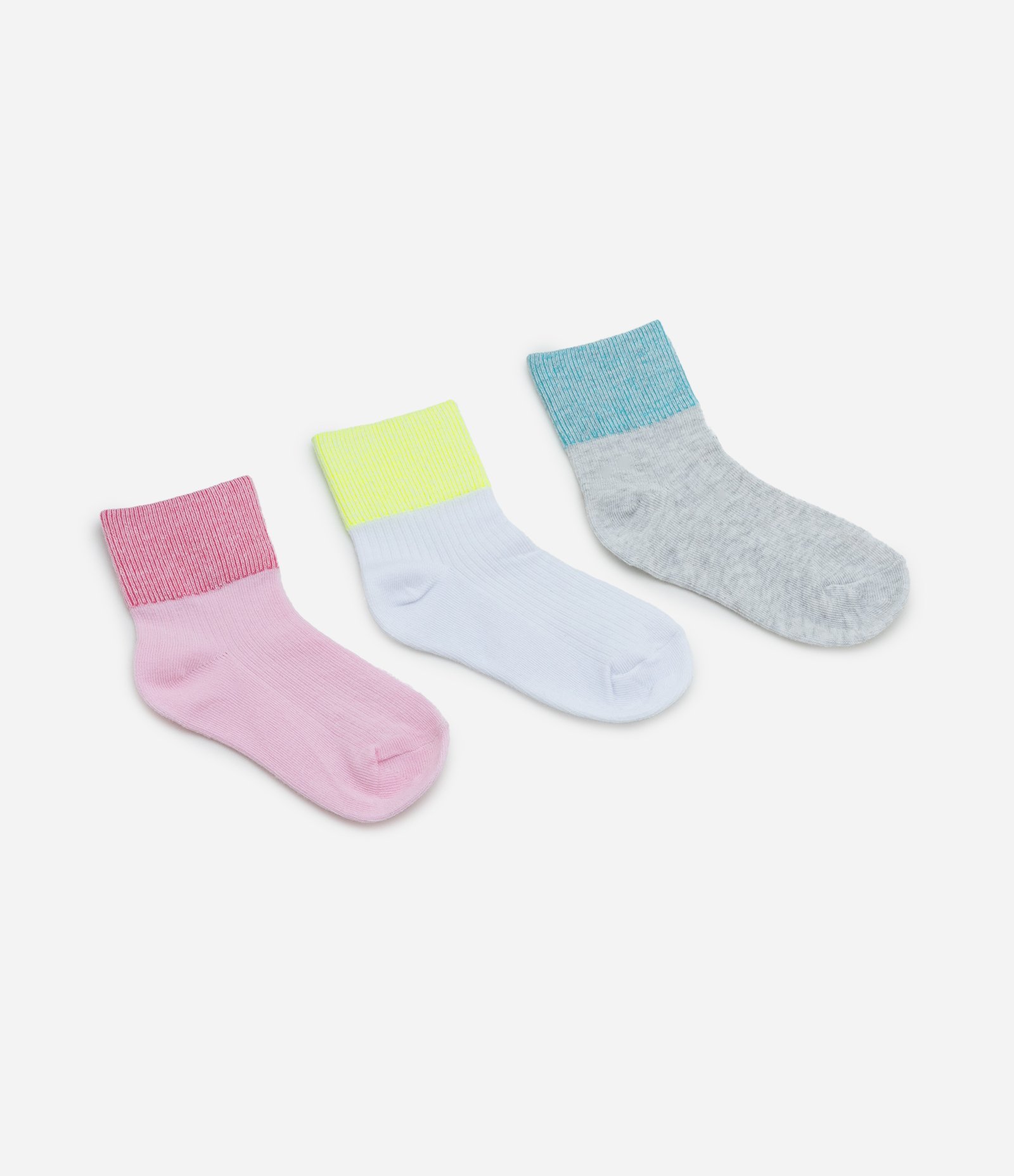 Kit 03 Meias Infantis com Barra Contrastante - Tam 19 ao 34 Rosa/Amarelo/Azul 2