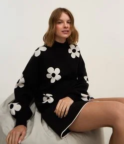 Suéter em Jacquard com Estampa de Margaridas