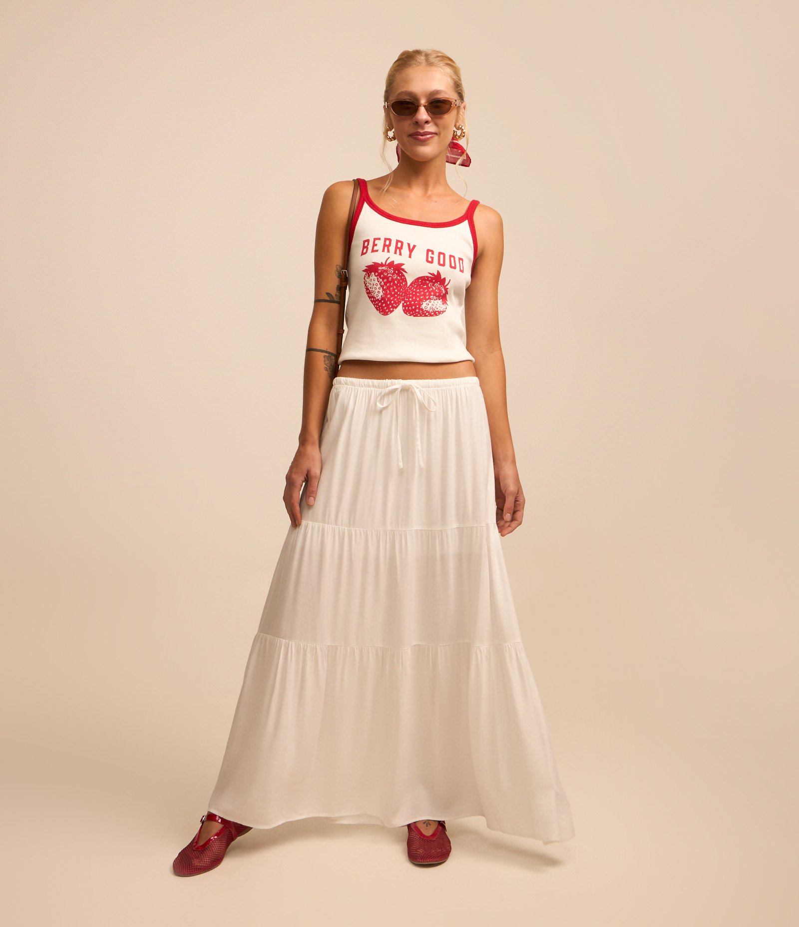 Saia Longa em Viscose com Amarração e Babados Branco 1