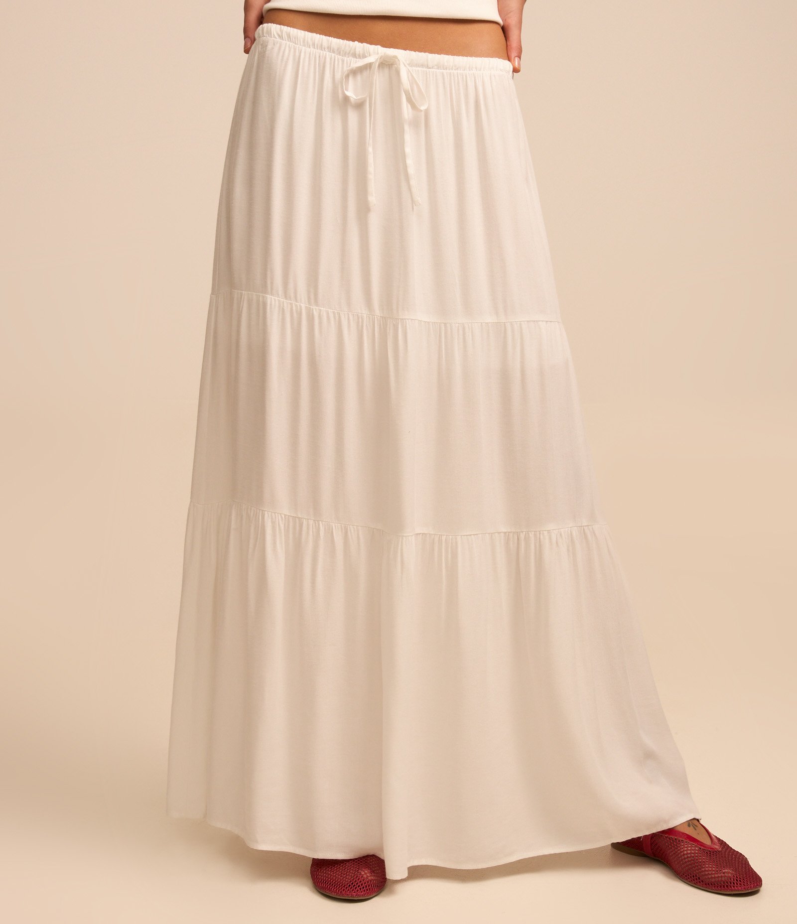 Saia Longa em Viscose com Amarração e Babados Branco 3