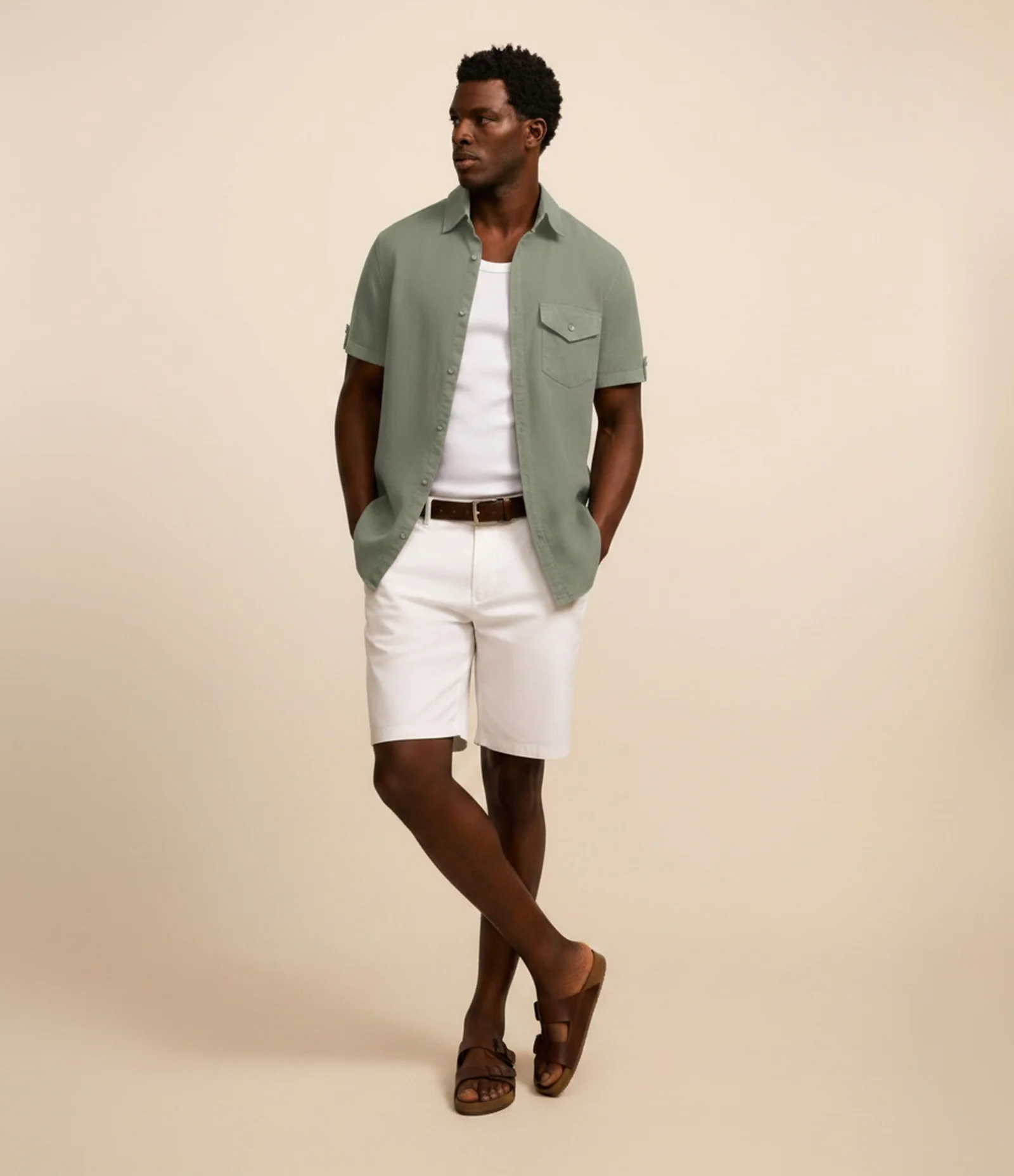 Camisa em Oxford com Bolsos e Dobra na Manga Verde 1