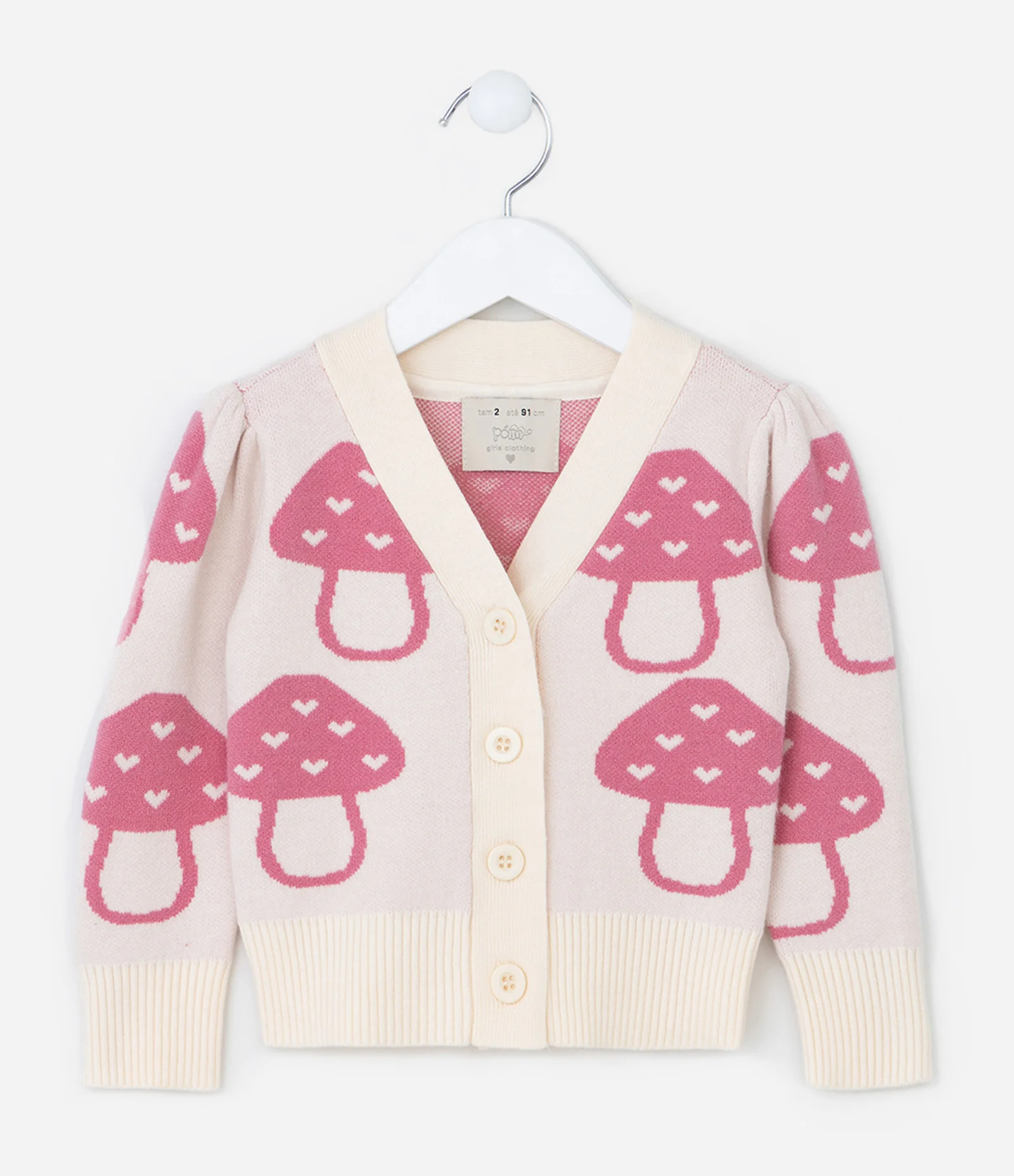 Cardigan Infantil com Estampa de Cogumelinhos - Tam 1 a 5 Anos Bege/Rosa 1