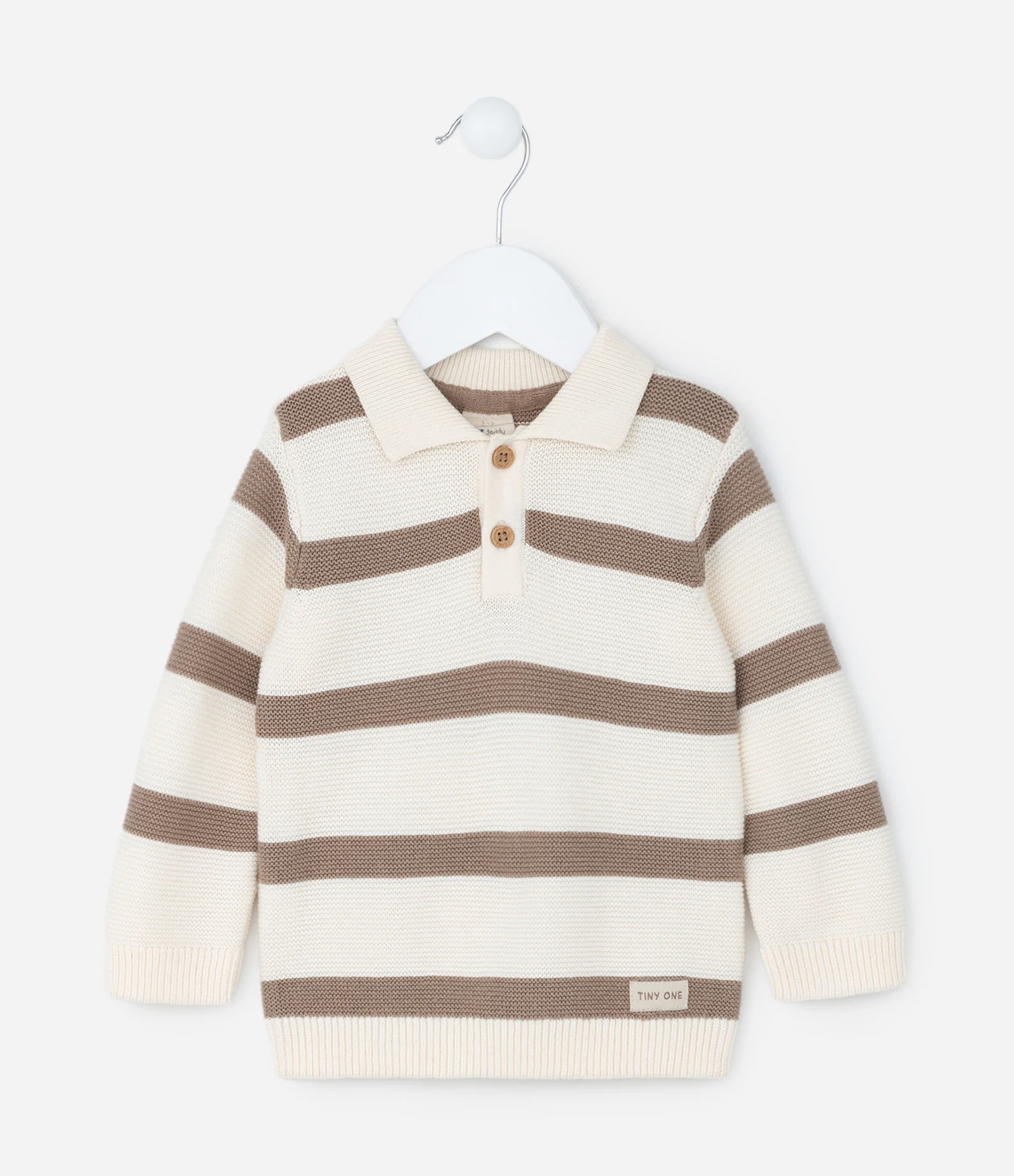 Suéter Infantil em Tricô Listras e Etiqueta na Barra - Tam 0 a 18 meses Bege 1