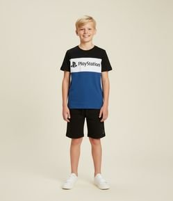 Camiseta Infantil com Blocos de Cor e Estampa Playstation - Tam 5 a 14 Anos