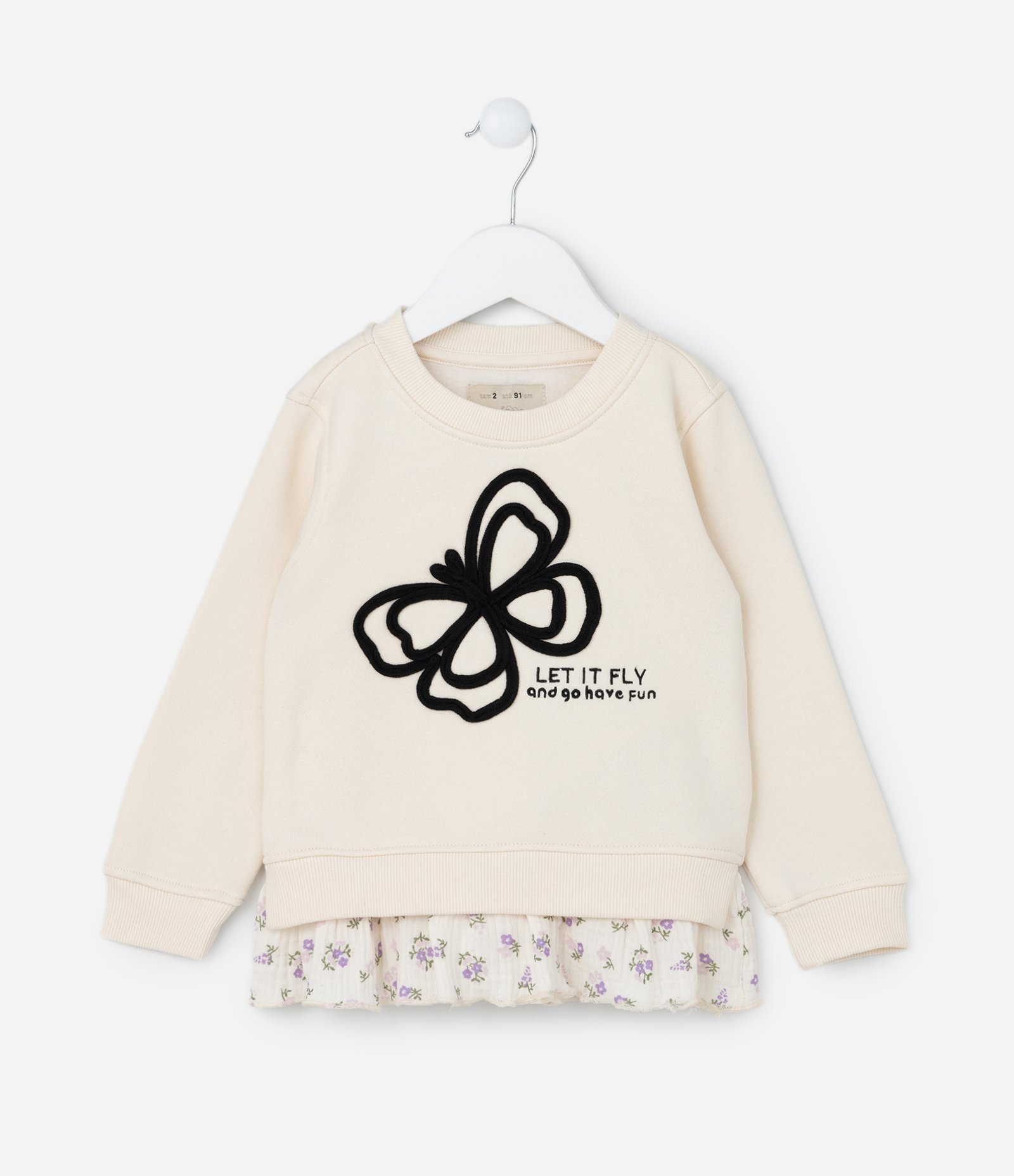 Casaco Infantil com Barra Diferenciada e Bordado Borboleta - Tam 1 a 5 Anos Bege 1