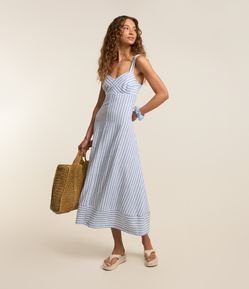 Vestido New Midi em Tricoline Listrado e Barra Invertida