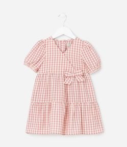 Vestido Infantil com Lacinho e Estampa Xadrez Vichy - Tam 1 a 5 Anos