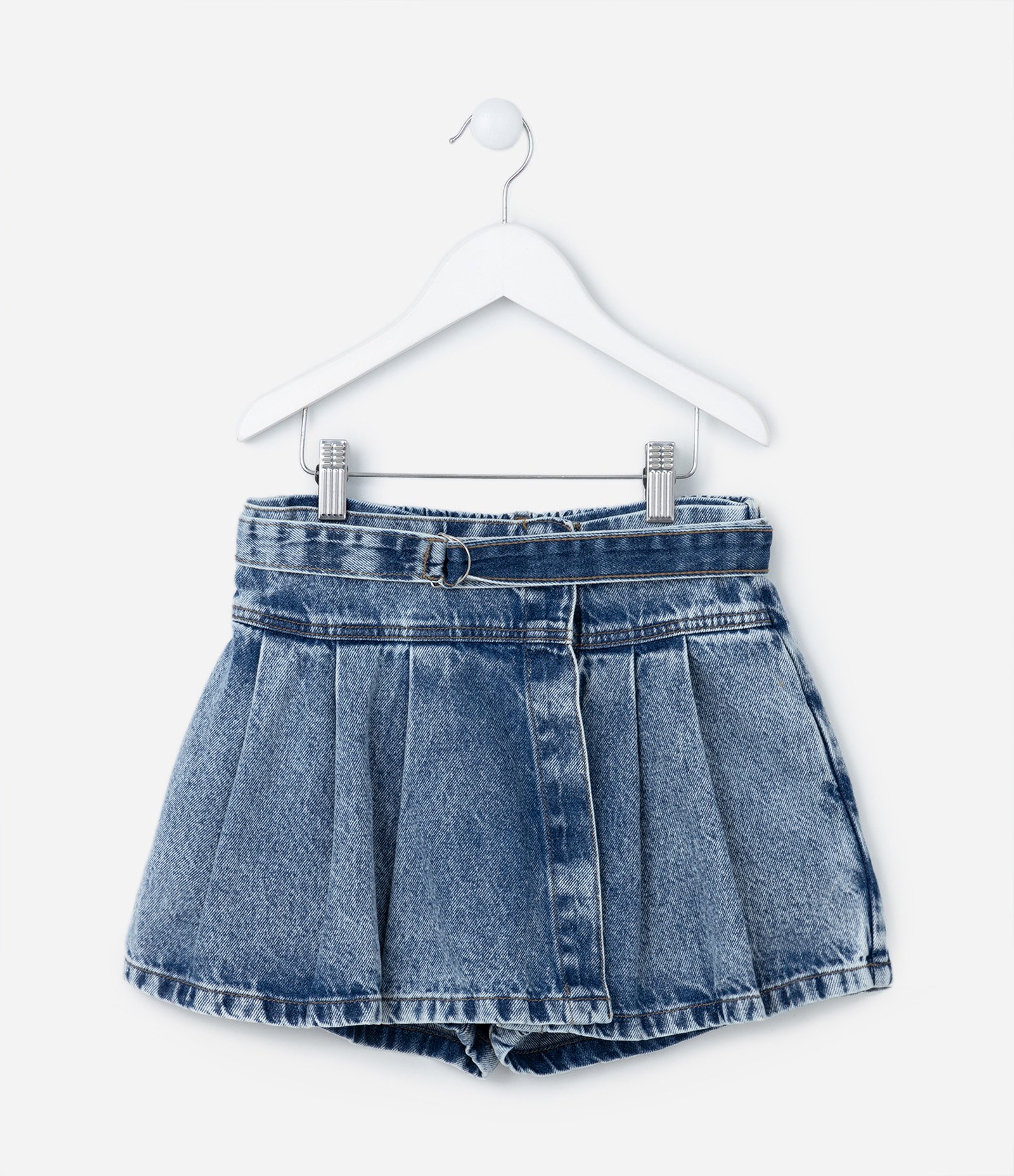 Short Saia Infantil Jeans Plissado com Cinto - Tam 5 a 14 Anos Azul 1