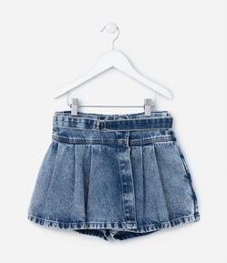 Short Saia Infantil Jeans Plissado com Cinto - Tam 5 a 14 Anos