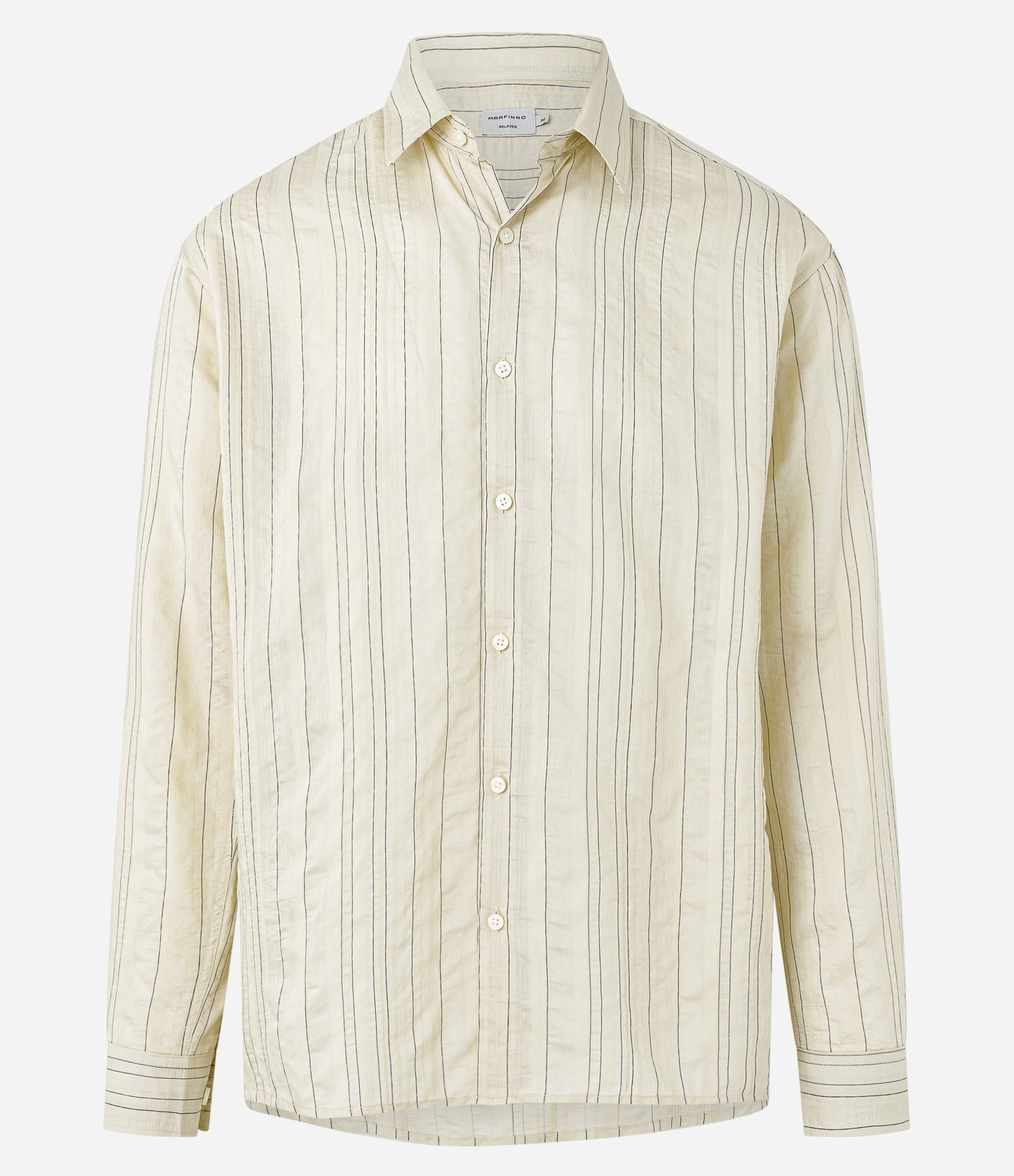 Camisa Relaxed em Ana Ruga com Listras Finas Bege 8