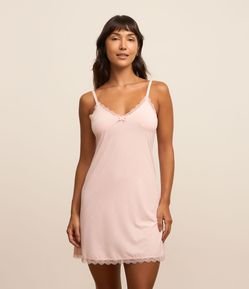 Camisola de Alcinha em Microfibra com Estampa de Poá e Renda no Decote