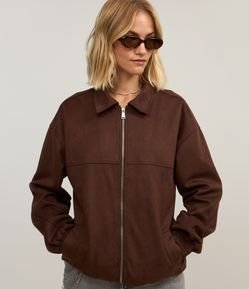 Jaqueta Bomber em Suedine com Zíper Frontal