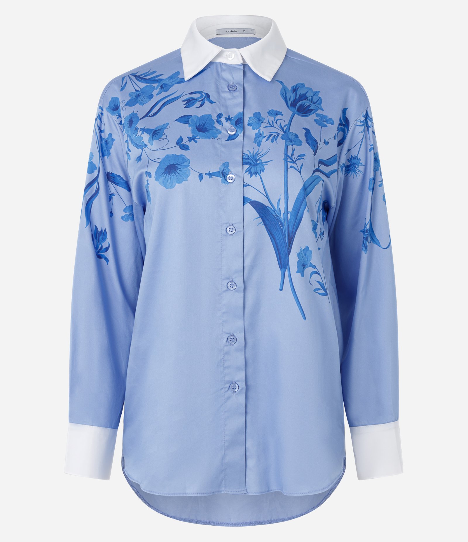 Camisa em Tricoline com Flores Estampadas e Punho Contrastante Azul 5