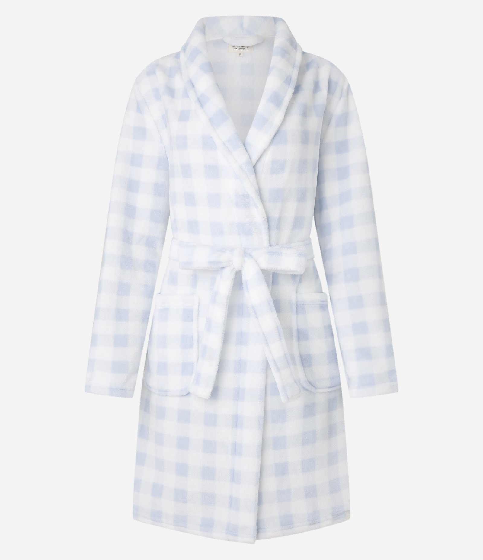 Robe em Fleece com Estampa Xadrez Vichy e Bolsos Branco/Azul 4