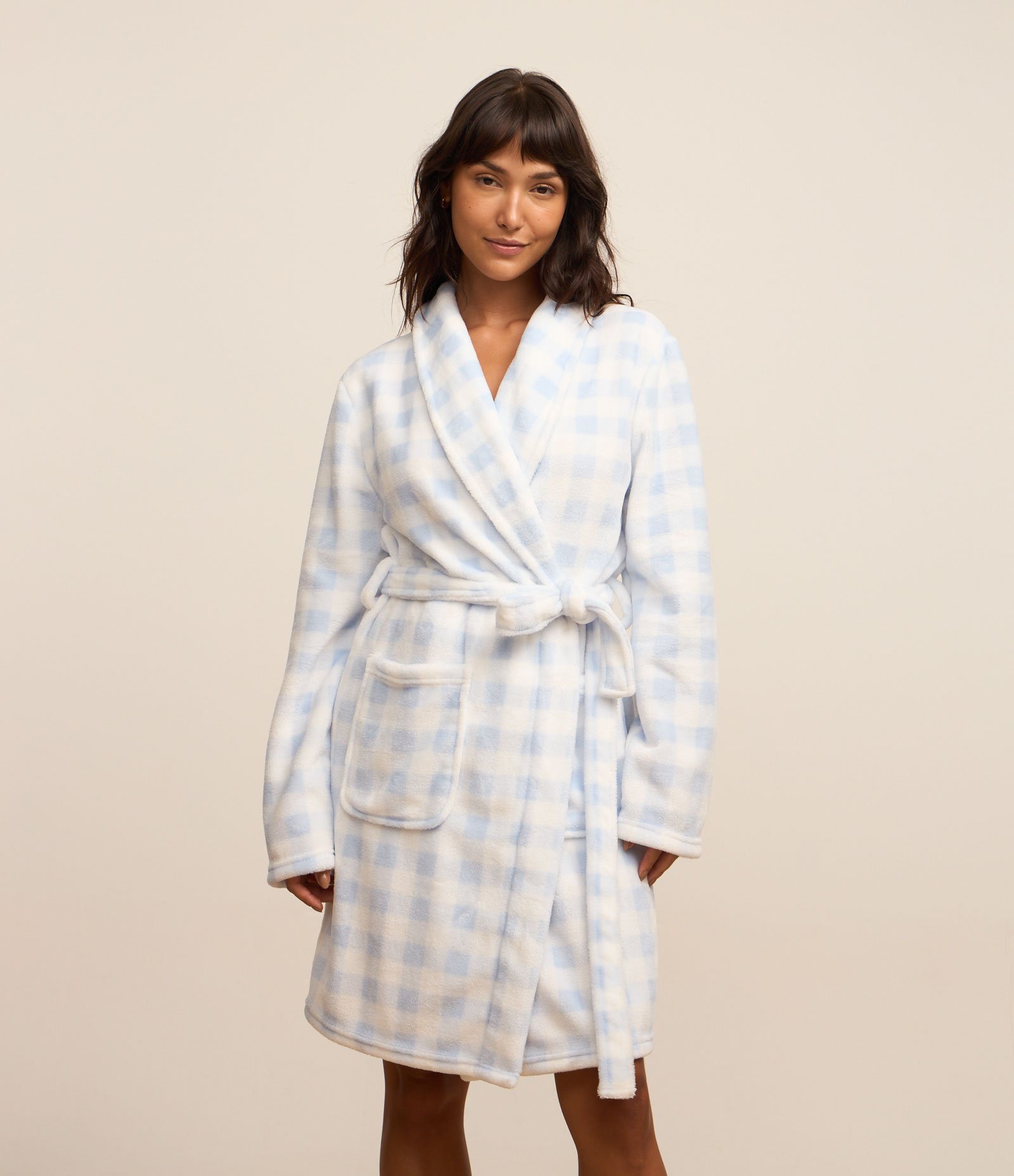 Robe em Fleece com Estampa Xadrez Vichy e Bolsos Branco/Azul 1