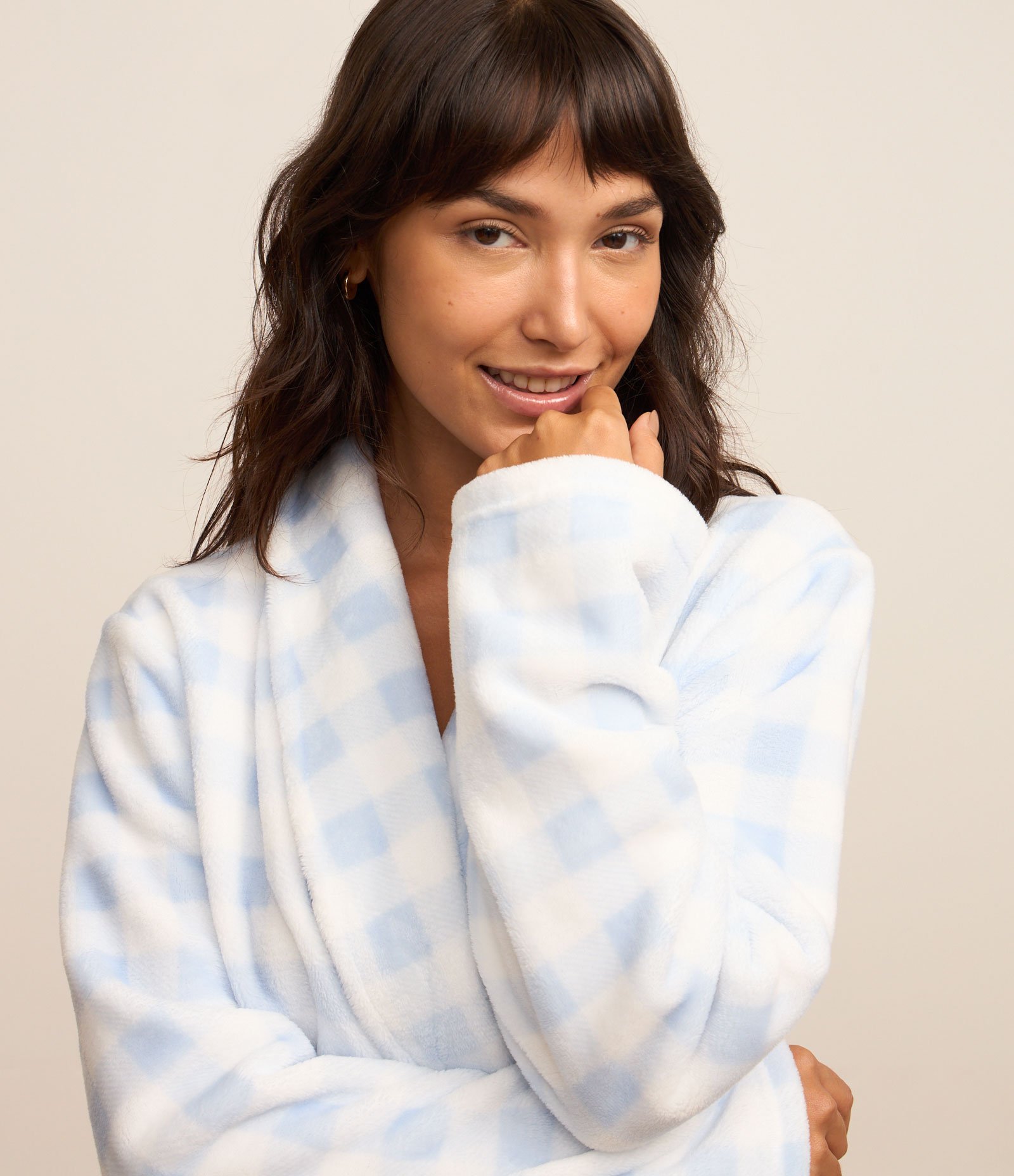 Robe em Fleece com Estampa Xadrez Vichy e Bolsos Branco/Azul 2