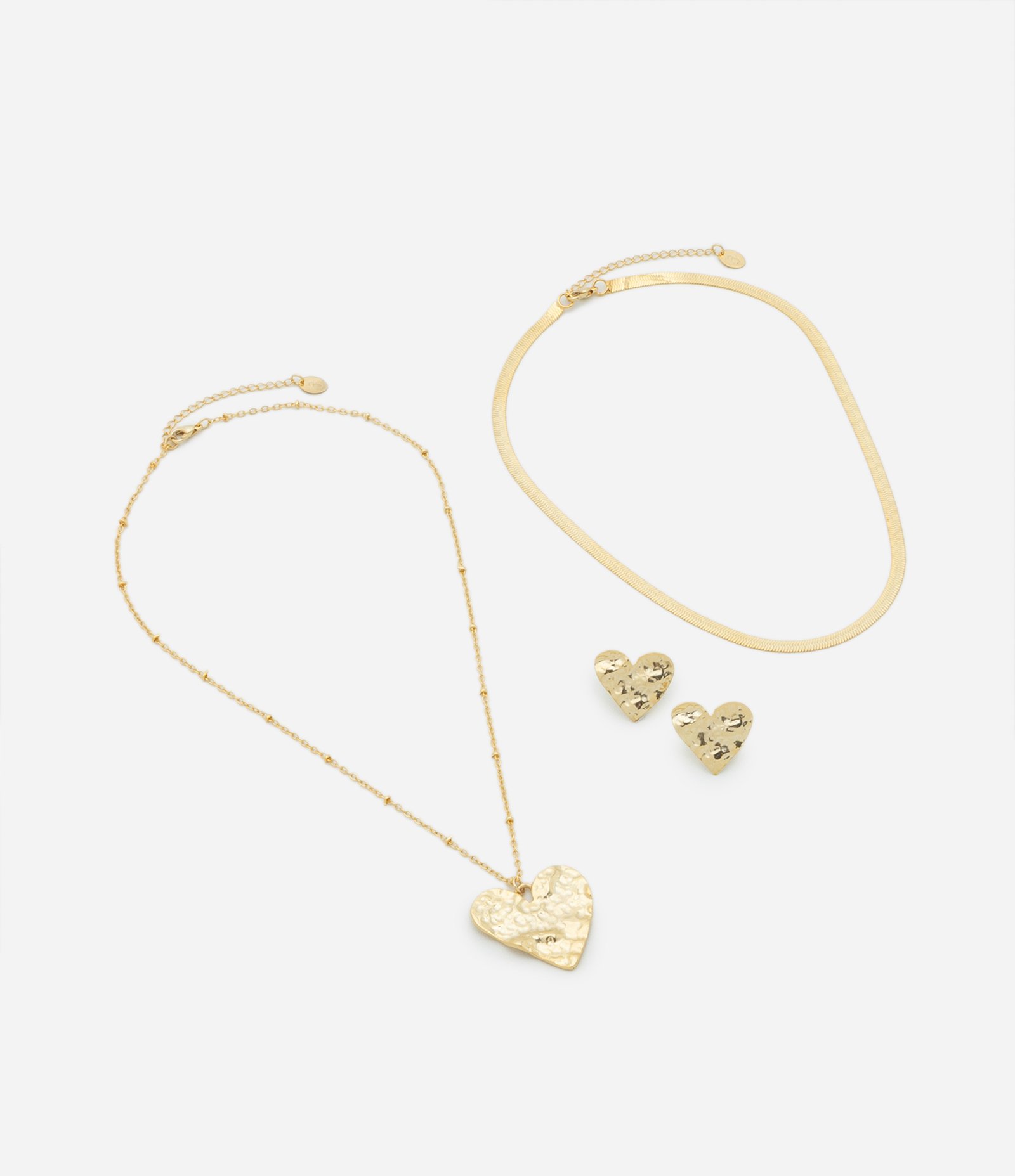 Conjunto Colar Camadas e Brinco com Pingente Coração Amassado Dourado 2