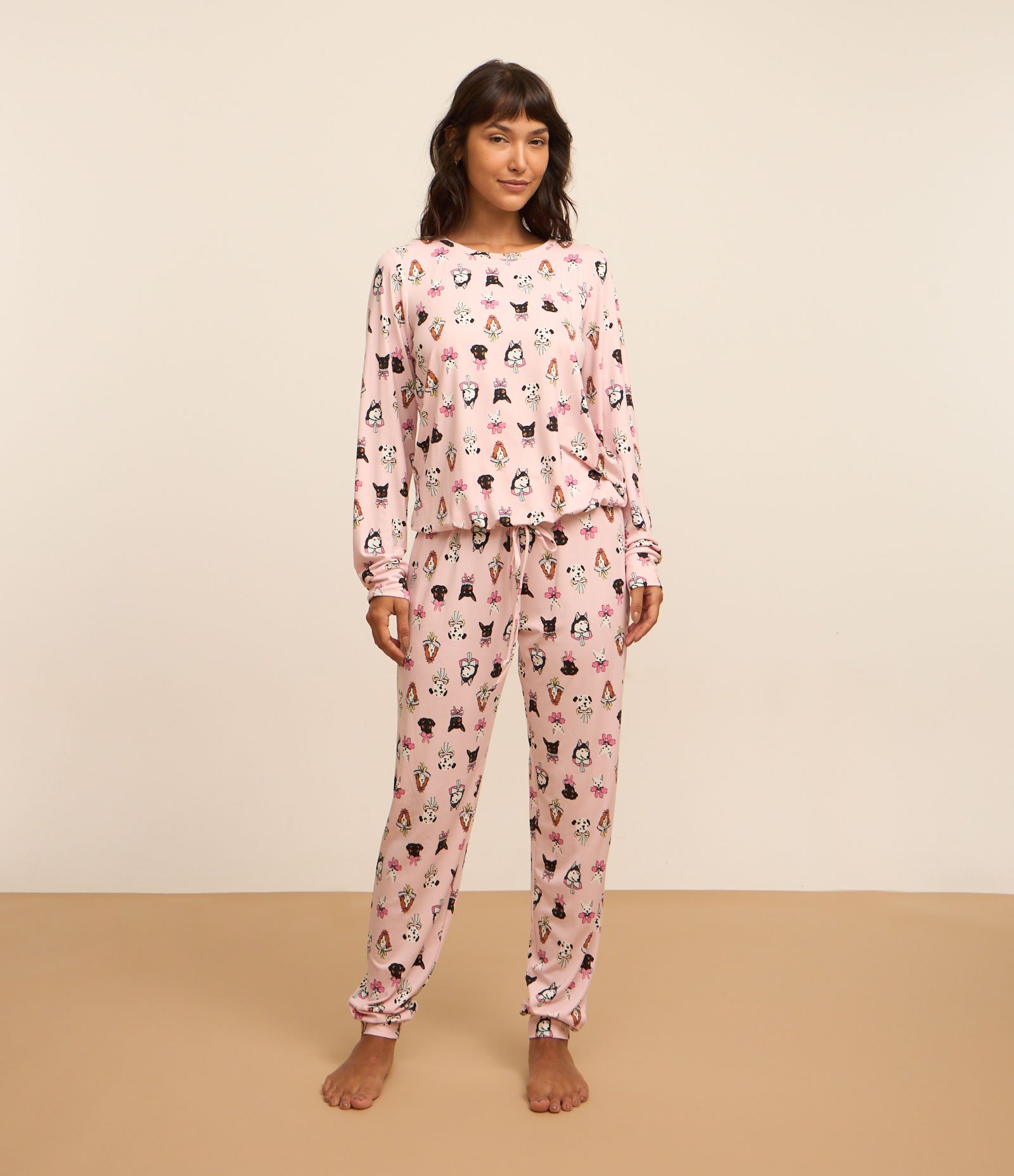 Pijama Longo Com Toque Suave e Estampa de Cachorro Rosa 1