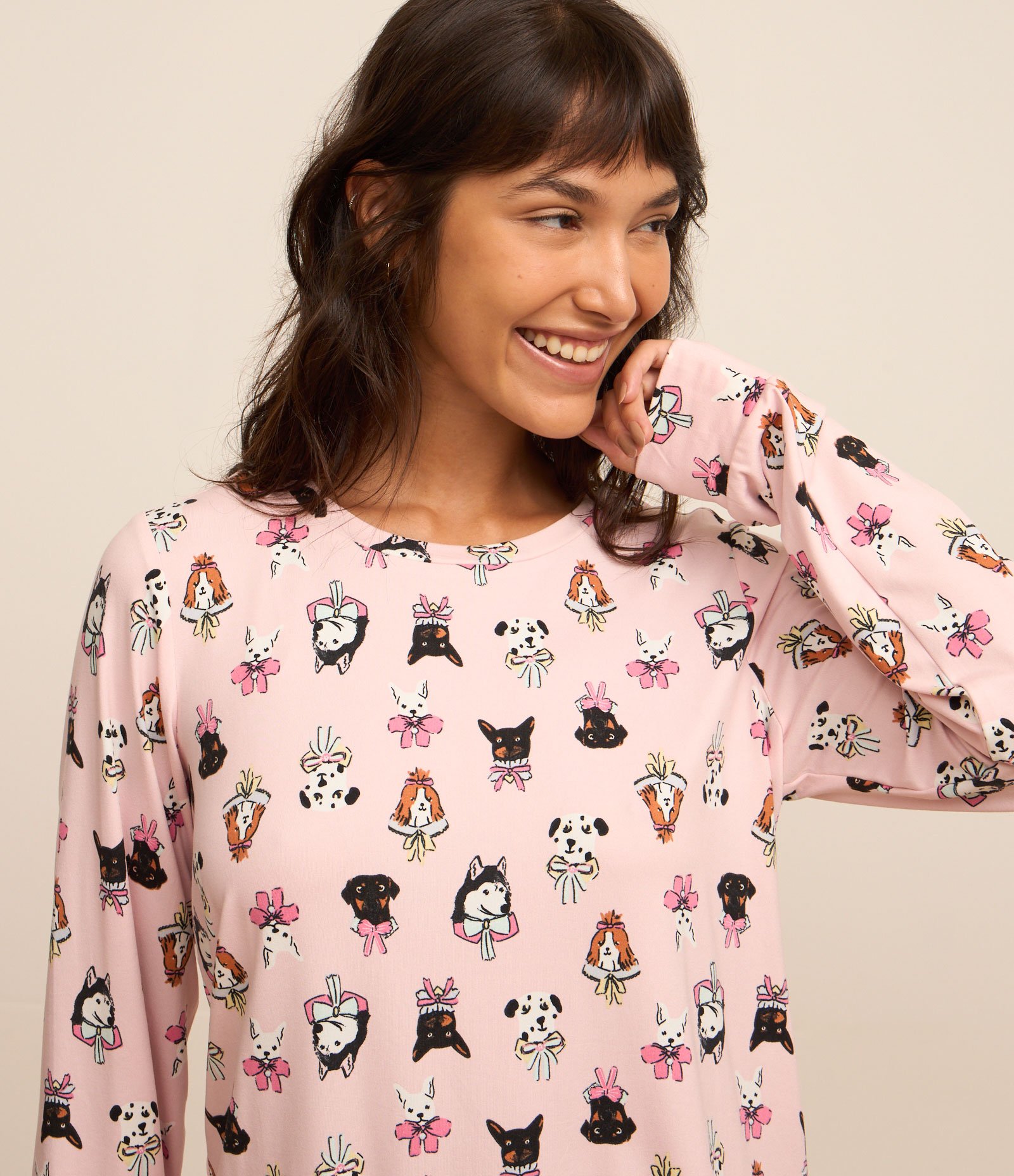 Pijama Longo Com Toque Suave e Estampa de Cachorro Rosa 3