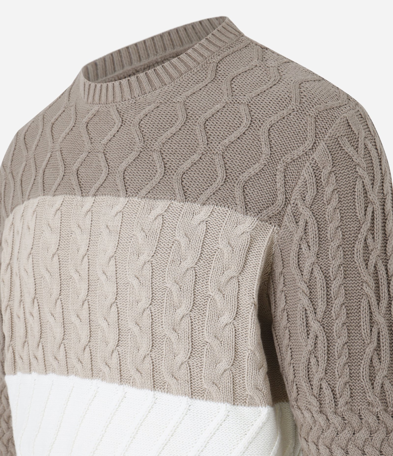 Suéter Regular em Algodão e Textura Trançada com Bloco de Cores Bege/Marrom/Branco 6