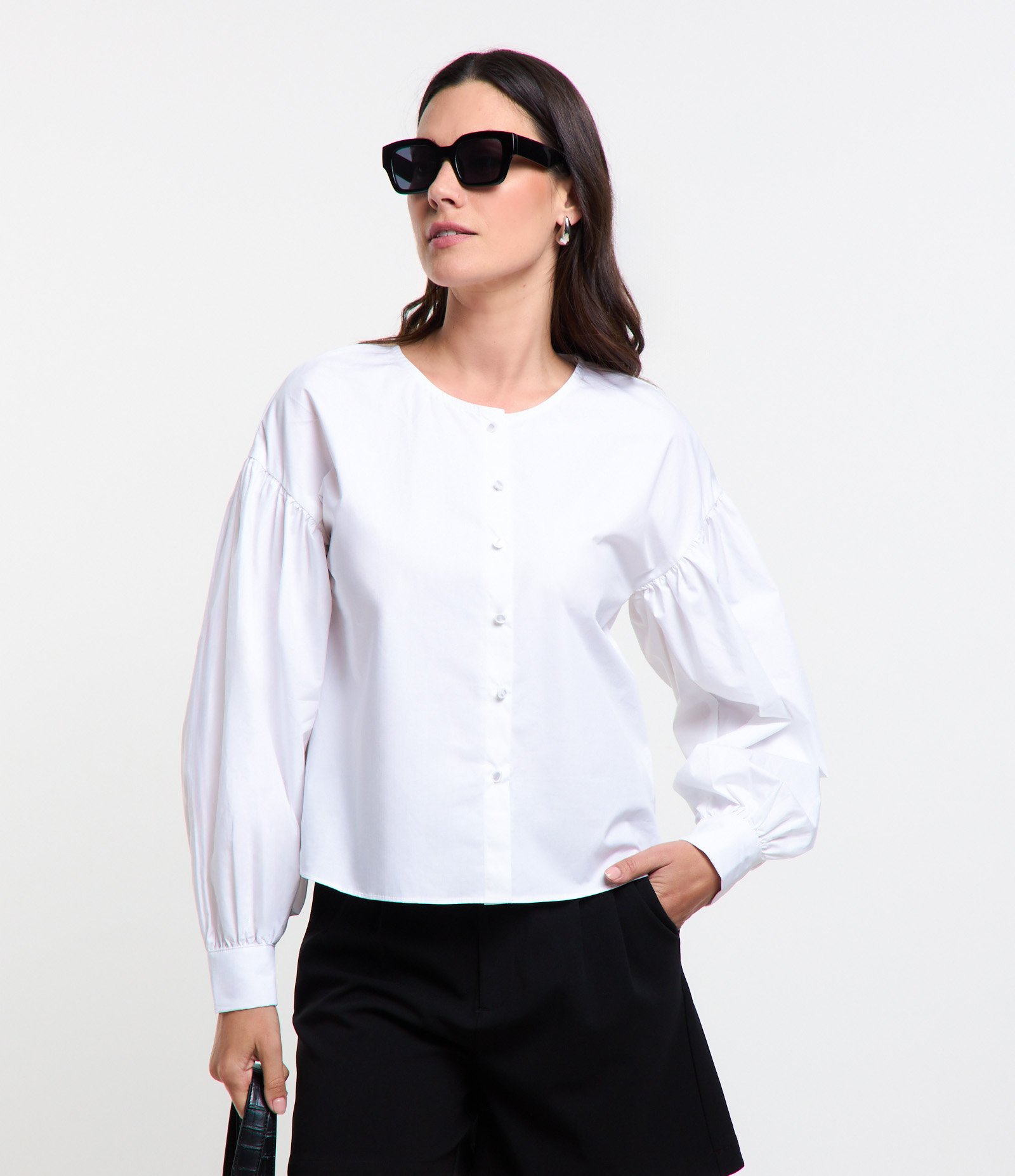 Camisa em Tricoline com Manga Bufante Branco Neve 1