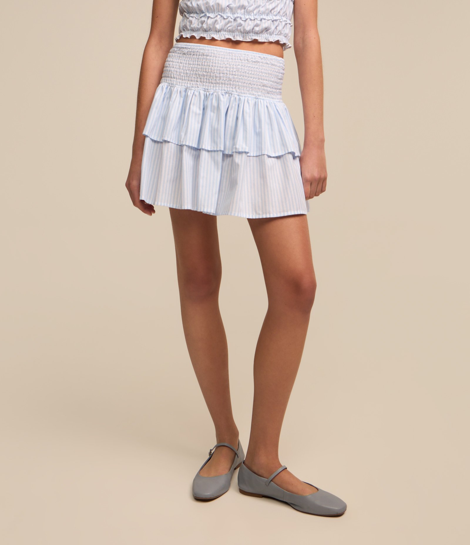 Saia em Tricoline com Lastex no Cós e Estampa Listrada Azul/ Branco 2